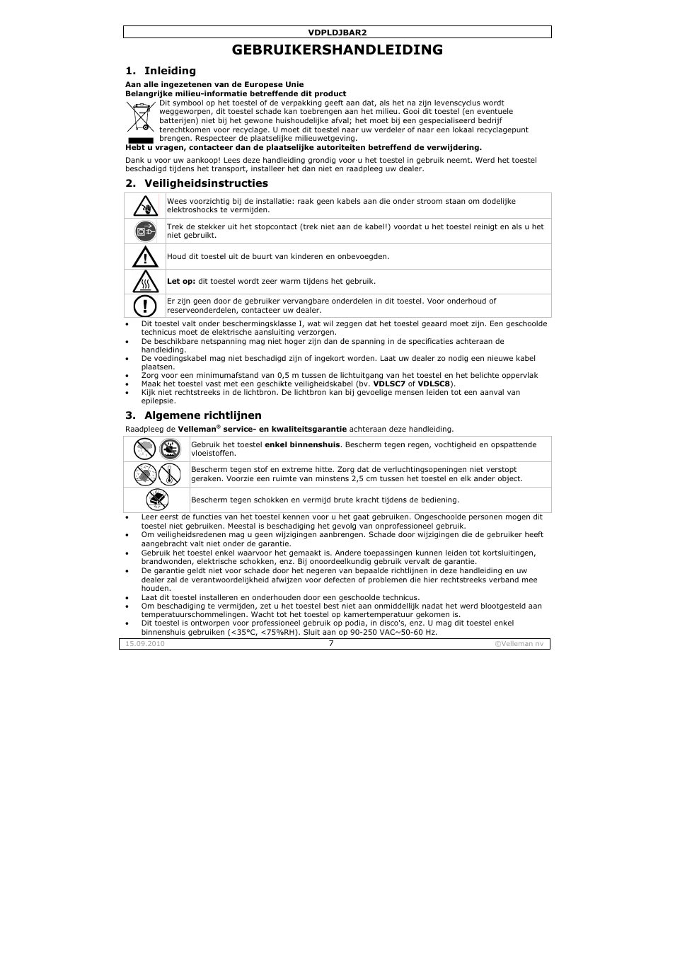 Gebru, Uikersha, Andleid | Ding, Eiding, Iligheidsins, Gemene rich, Structies, Htlijnen | Velleman VDPLDJBAR2 User Manual | Page 7 / 24