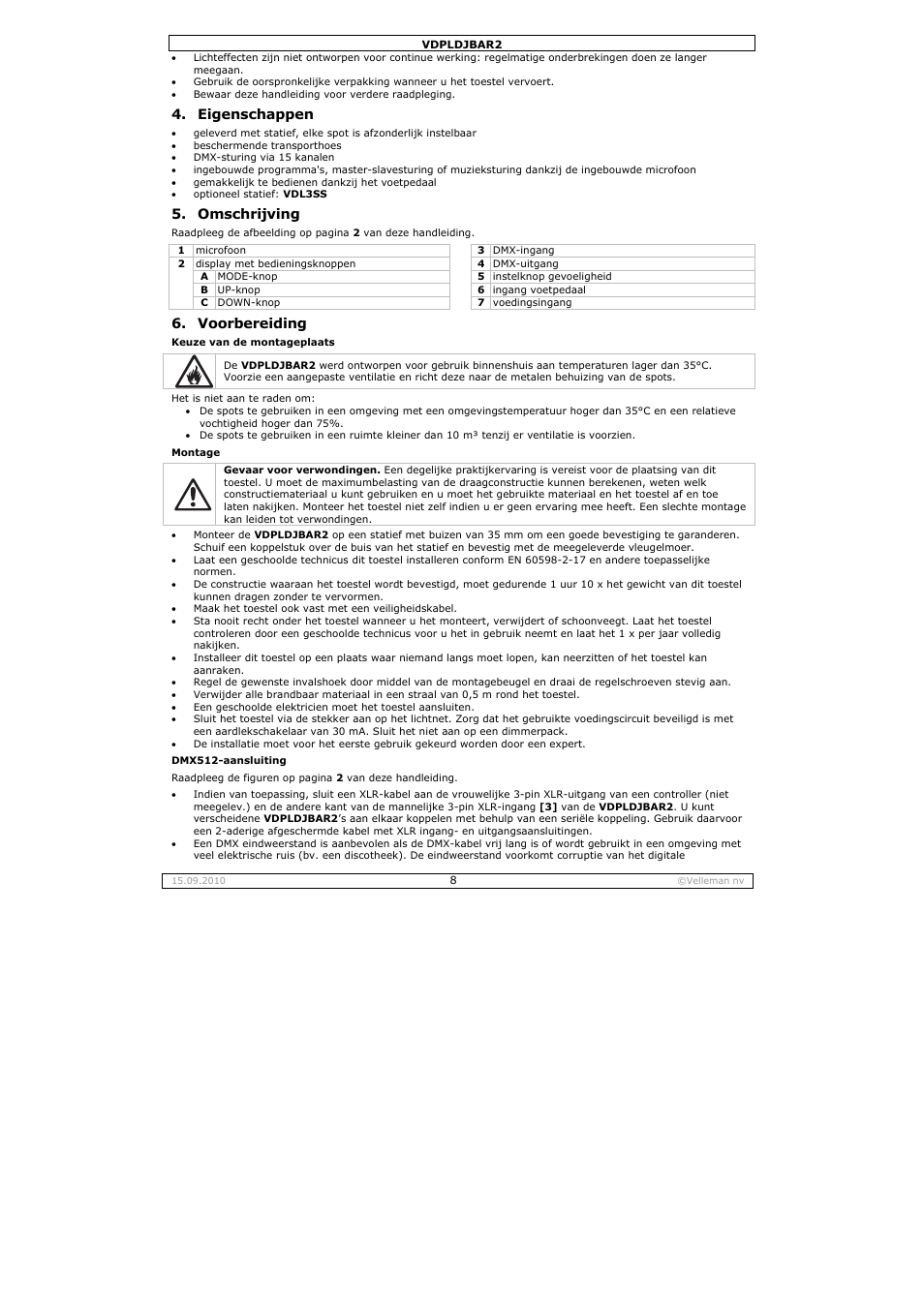 Eigenschappen, Omschrijving, Voorbereiding | Velleman VDPLDJBAR2 User Manual | Page 8 / 24