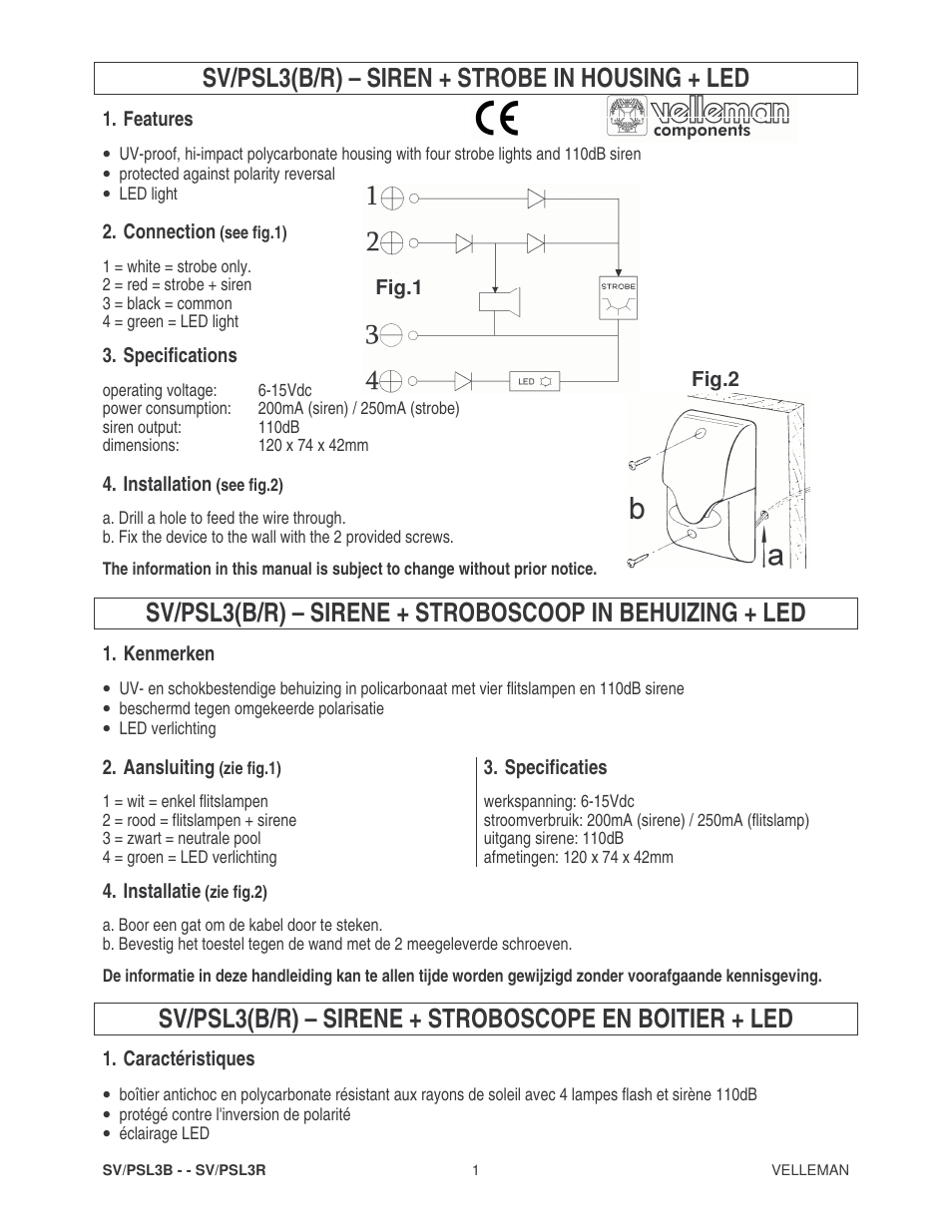 Velleman SV_PSL3B User Manual | 2 pages
