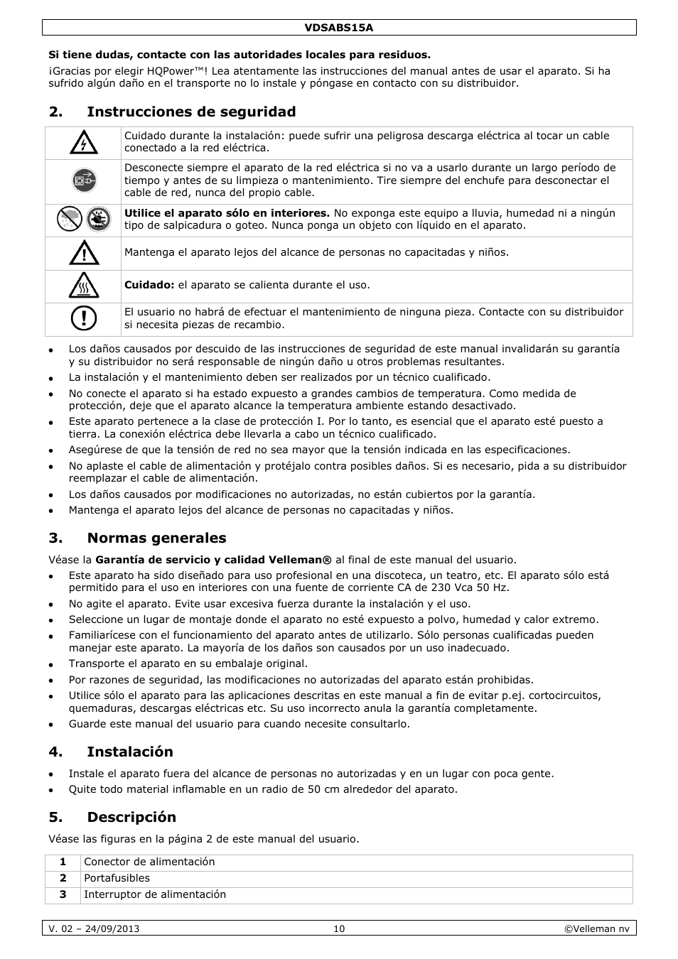 Instrucciones de seguridad, Normas generales, Instalación | Descripción | Velleman VDSABS15A User Manual | Page 10 / 16