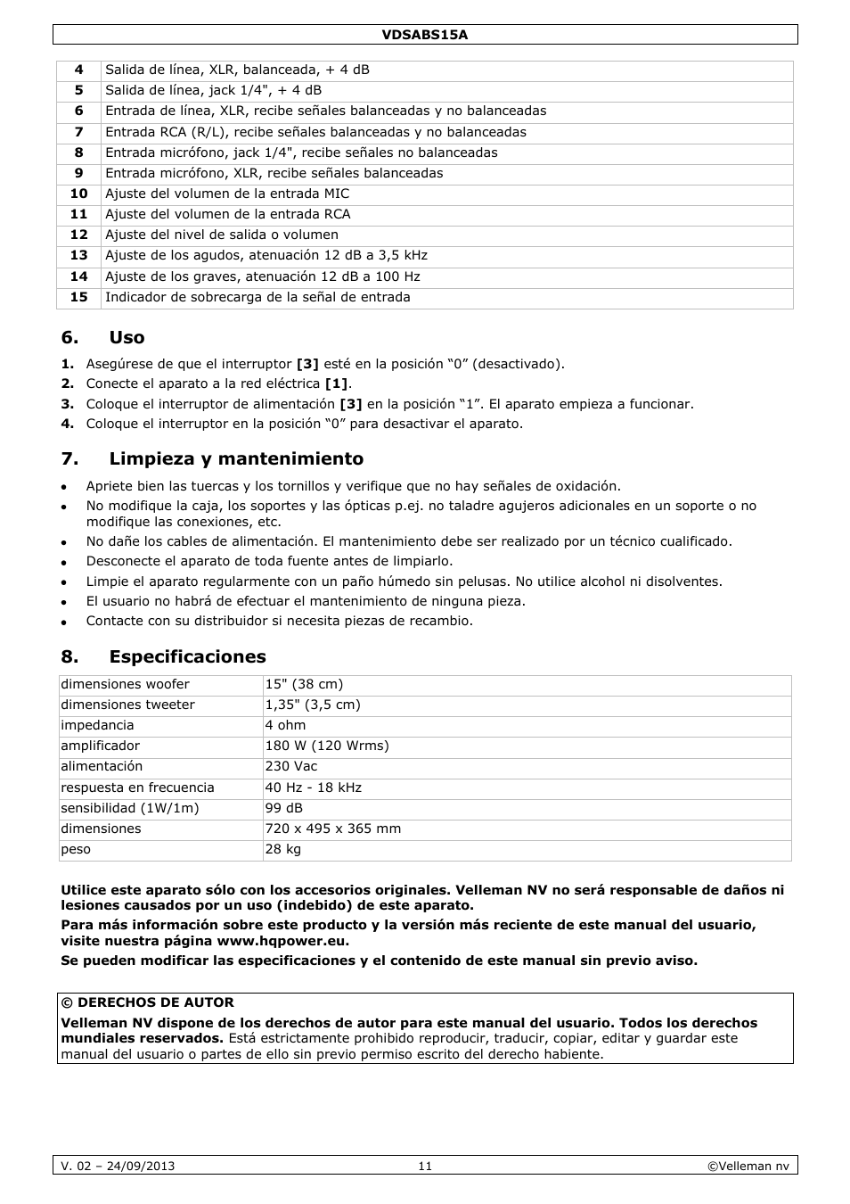 Limpieza y mantenimiento, Especificaciones | Velleman VDSABS15A User Manual | Page 11 / 16