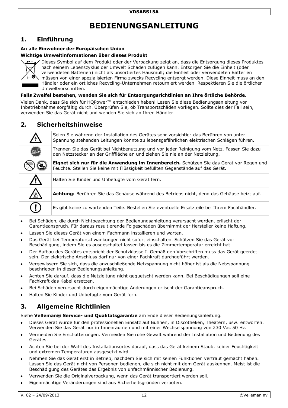 Bedienungsanleitung, Einführung, Sicherheitshinweise | Allgemeine richtlinien | Velleman VDSABS15A User Manual | Page 12 / 16