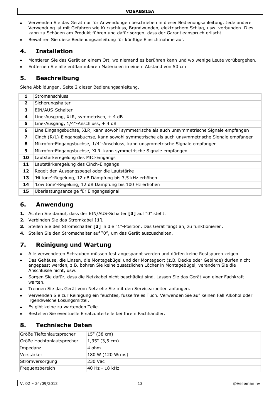 Installation, Beschreibung, Anwendung | Reinigung und wartung, Technische daten | Velleman VDSABS15A User Manual | Page 13 / 16