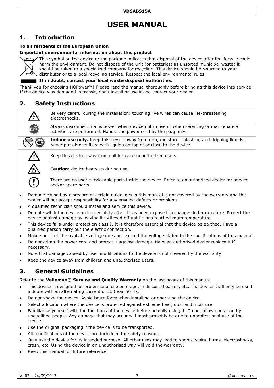 User manual, Introduction, Safety instructions | General guidelines | Velleman VDSABS15A User Manual | Page 3 / 16