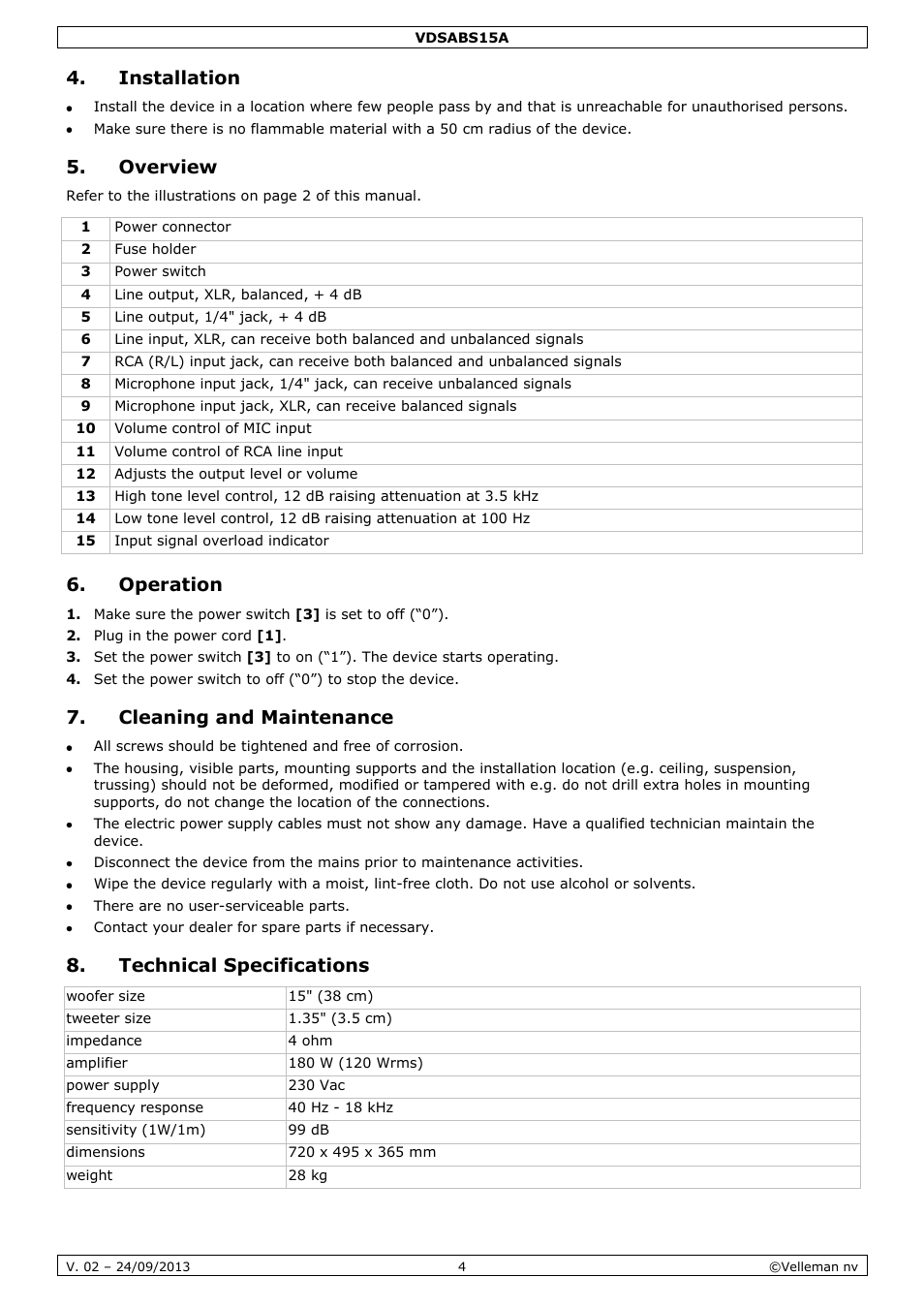 Installation, Overview, Operation | Cleaning and maintenance, Technical specifications | Velleman VDSABS15A User Manual | Page 4 / 16