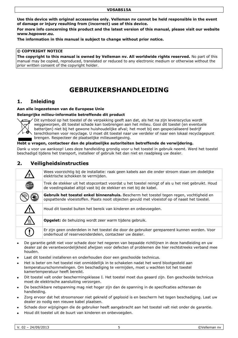 Gebruikershandleiding, Inleiding, Veiligheidsinstructies | Velleman VDSABS15A User Manual | Page 5 / 16