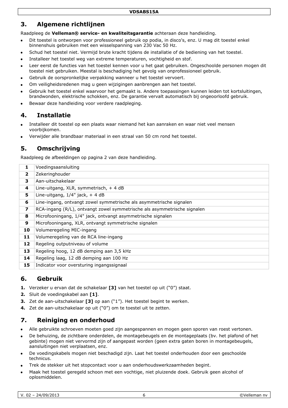 Algemene richtlijnen, Installatie, Omschrijving | Gebruik, Reiniging en onderhoud | Velleman VDSABS15A User Manual | Page 6 / 16