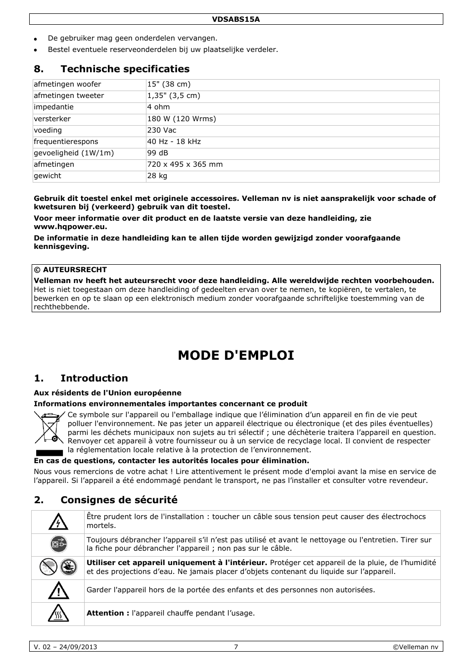 Technische specificaties, Mode d'emploi, Introduction | Consignes de sécurité | Velleman VDSABS15A User Manual | Page 7 / 16