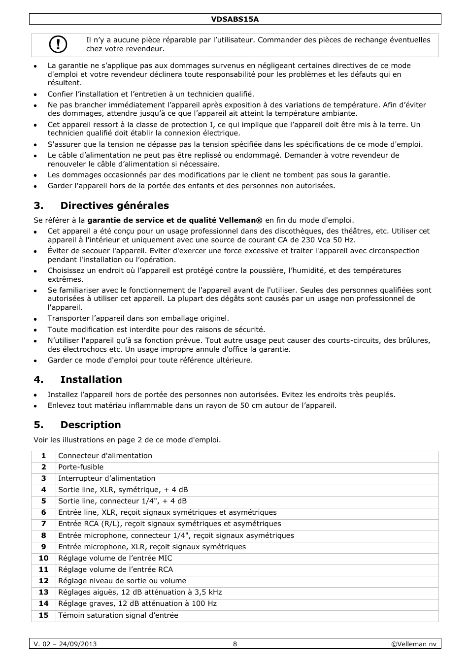 Directives générales, Installation, Description | Velleman VDSABS15A User Manual | Page 8 / 16