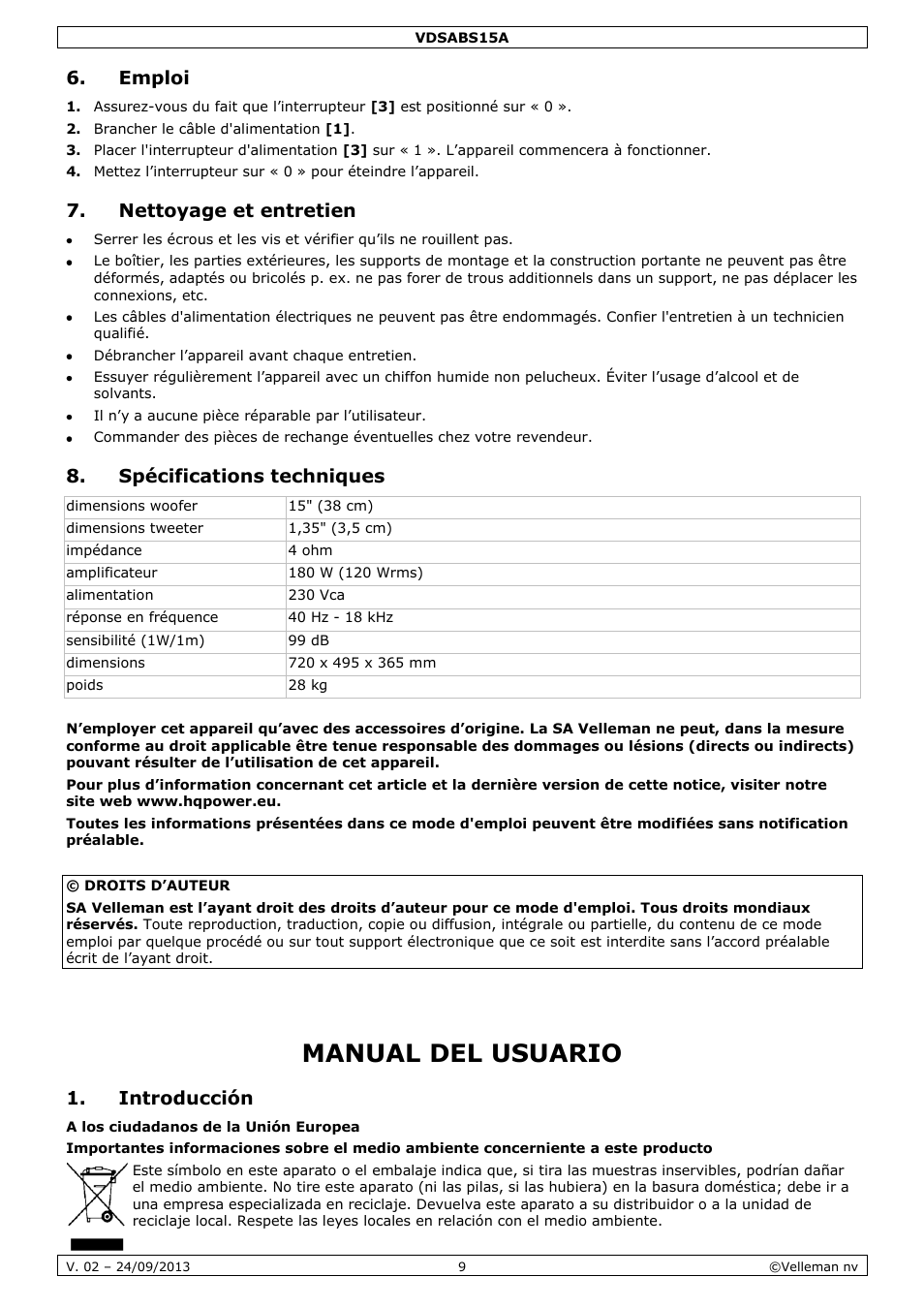 Emploi, Nettoyage et entretien, Spécifications techniques | Manual del usuario, Introducción | Velleman VDSABS15A User Manual | Page 9 / 16
