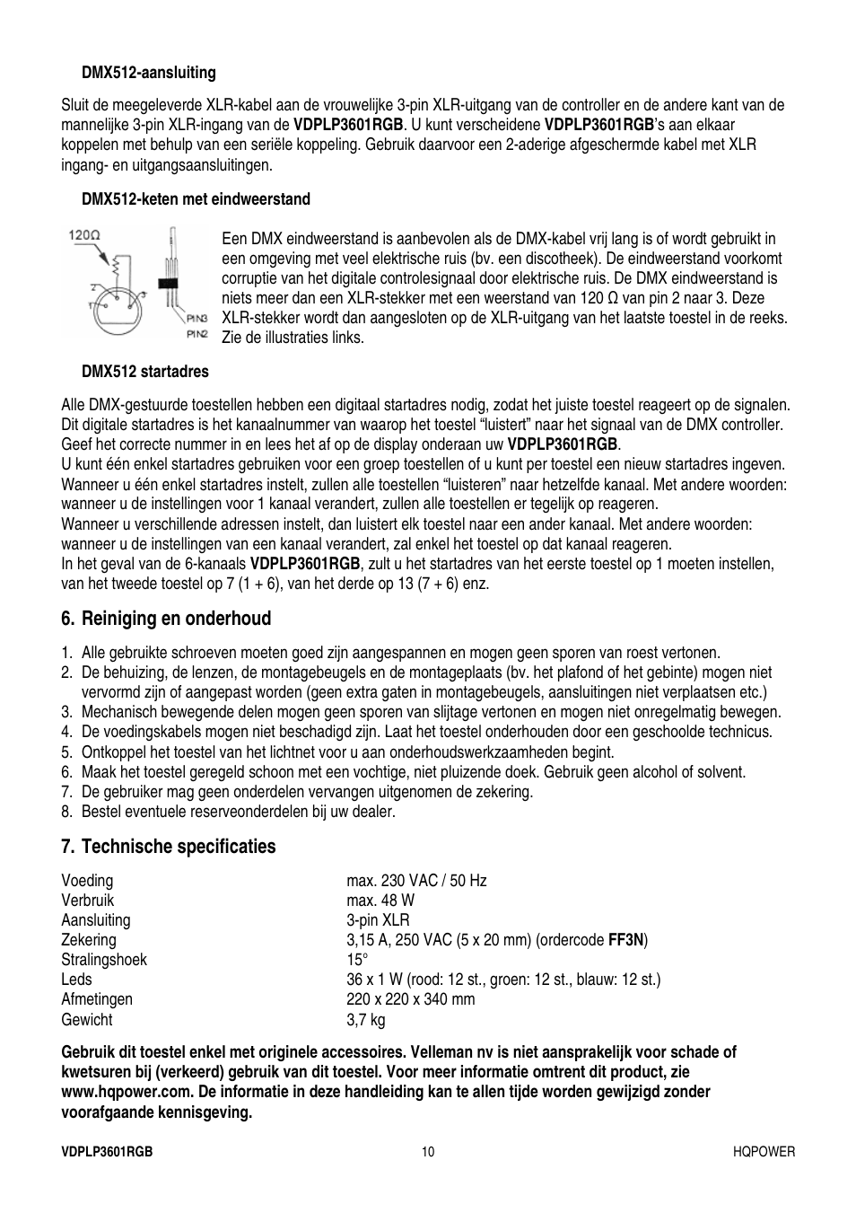 Reiniging en onderhoud, Technische specificaties | Velleman VDPLP3601RGB User Manual | Page 10 / 23