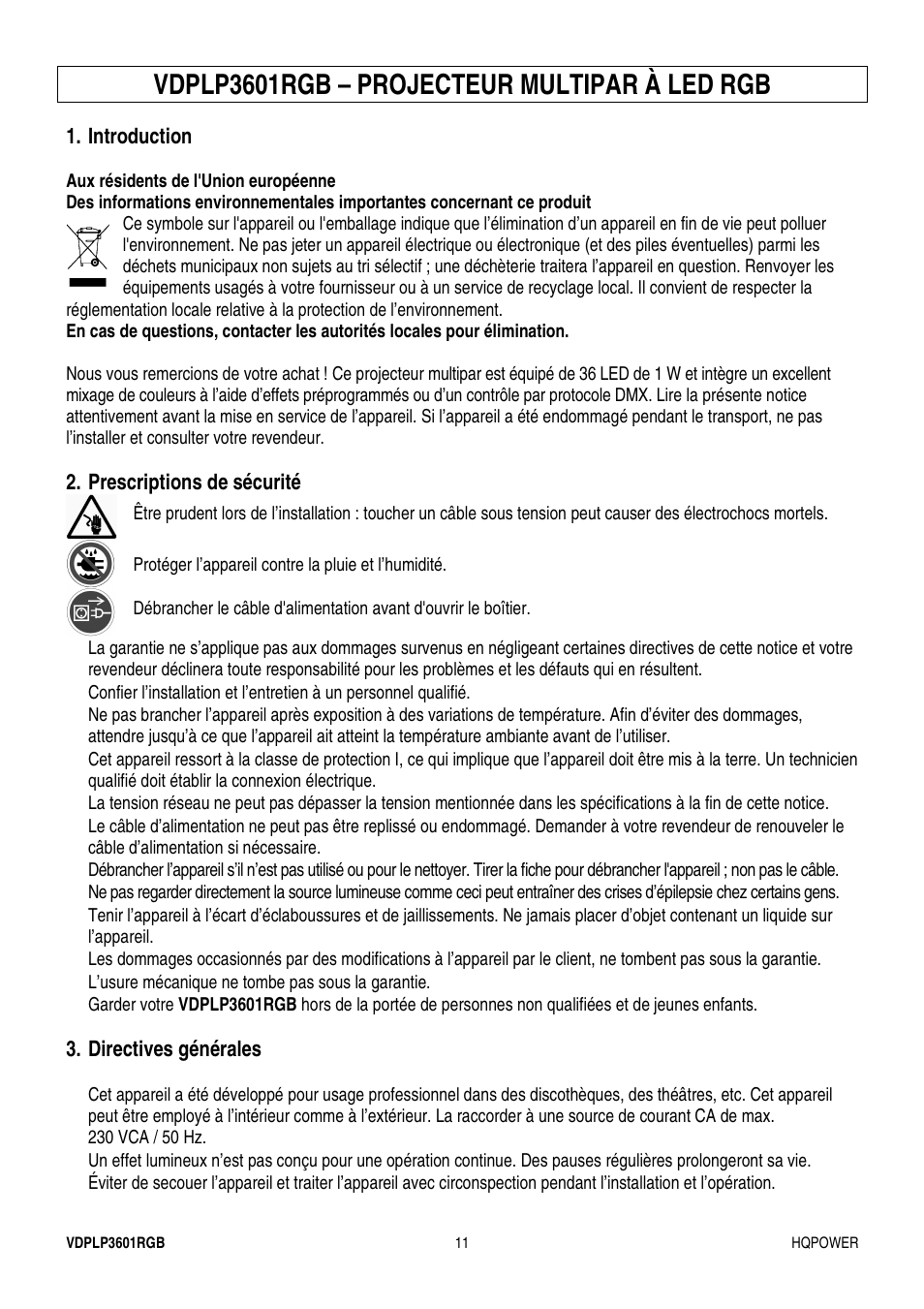 Vdplp3601rgb – projecteur multipar à led rgb | Velleman VDPLP3601RGB User Manual | Page 11 / 23