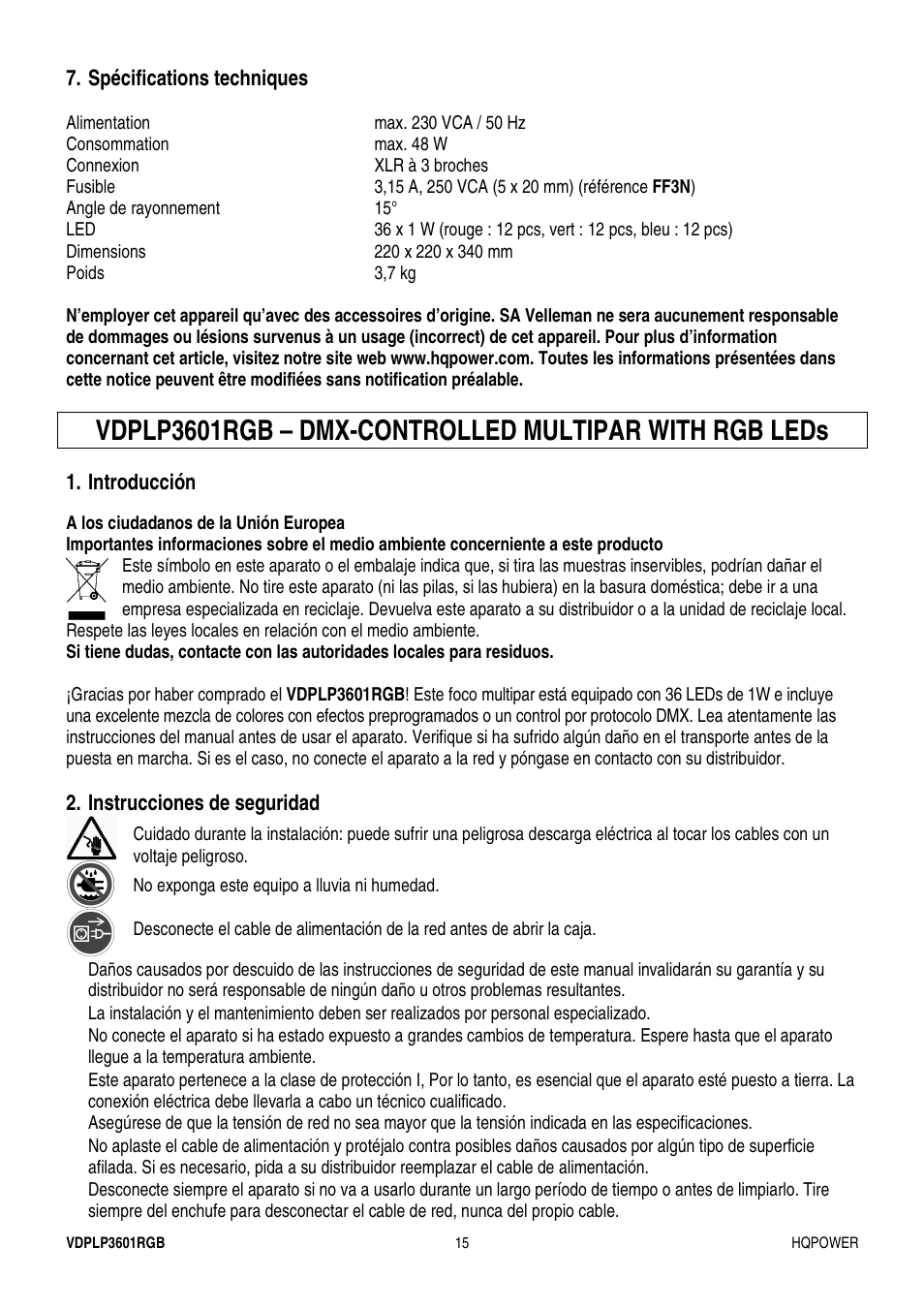 Velleman VDPLP3601RGB User Manual | Page 15 / 23