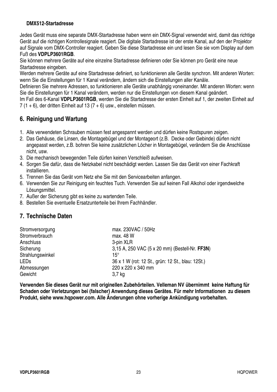 Velleman VDPLP3601RGB User Manual | Page 23 / 23