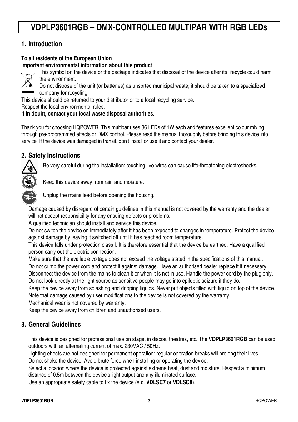 Velleman VDPLP3601RGB User Manual | Page 3 / 23