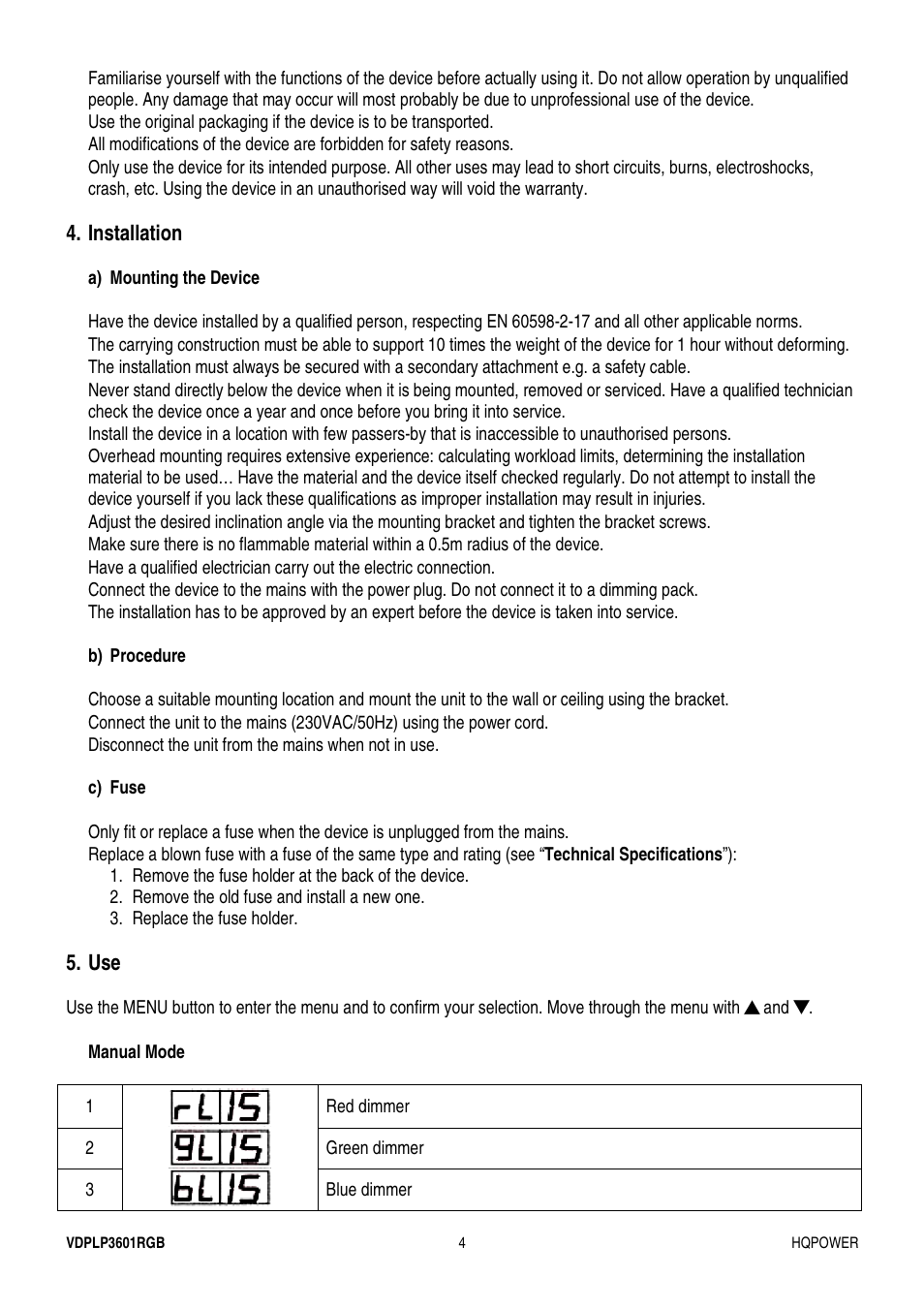 Velleman VDPLP3601RGB User Manual | Page 4 / 23