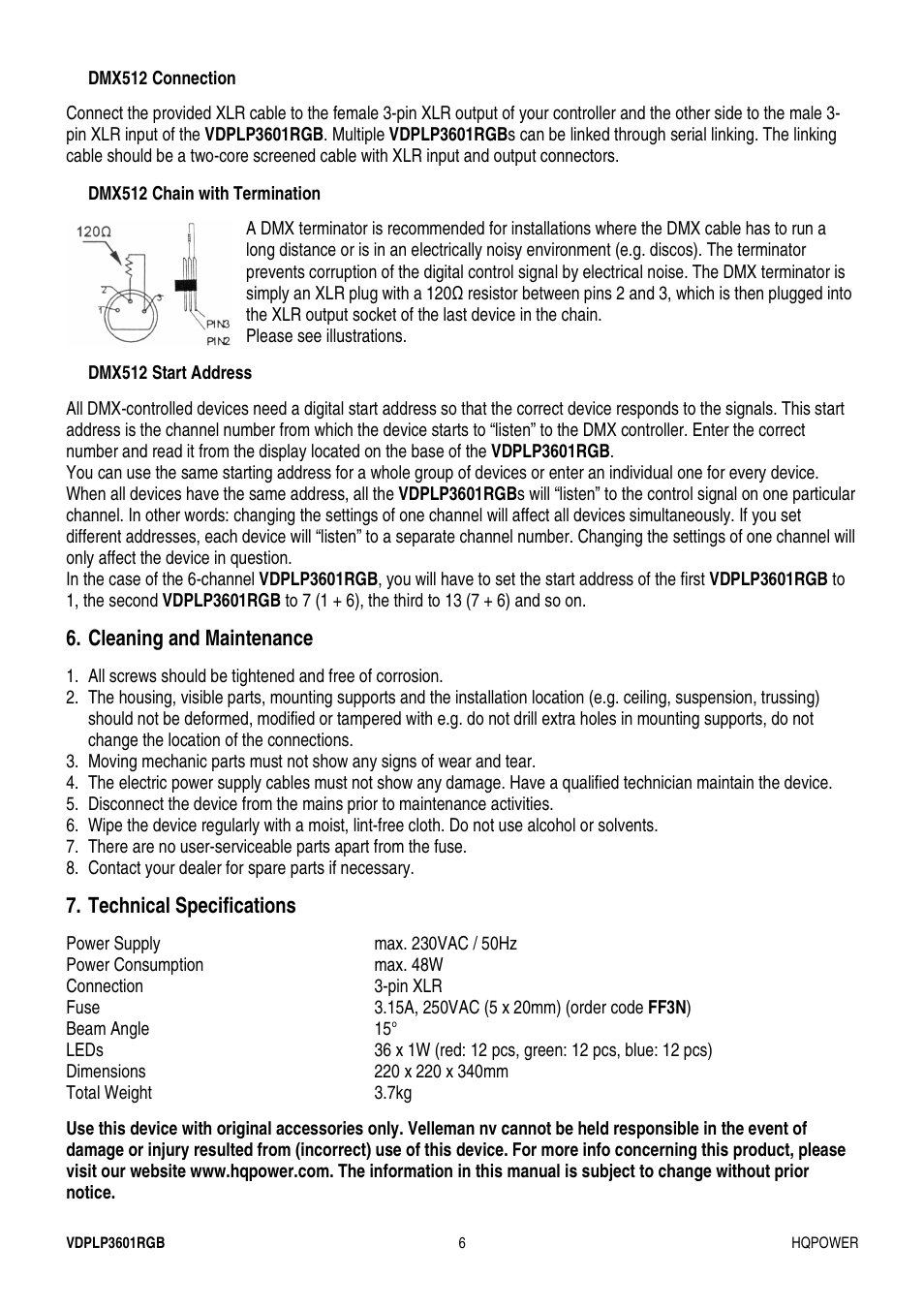 Cleaning and maintenance, Technical specifications | Velleman VDPLP3601RGB User Manual | Page 6 / 23