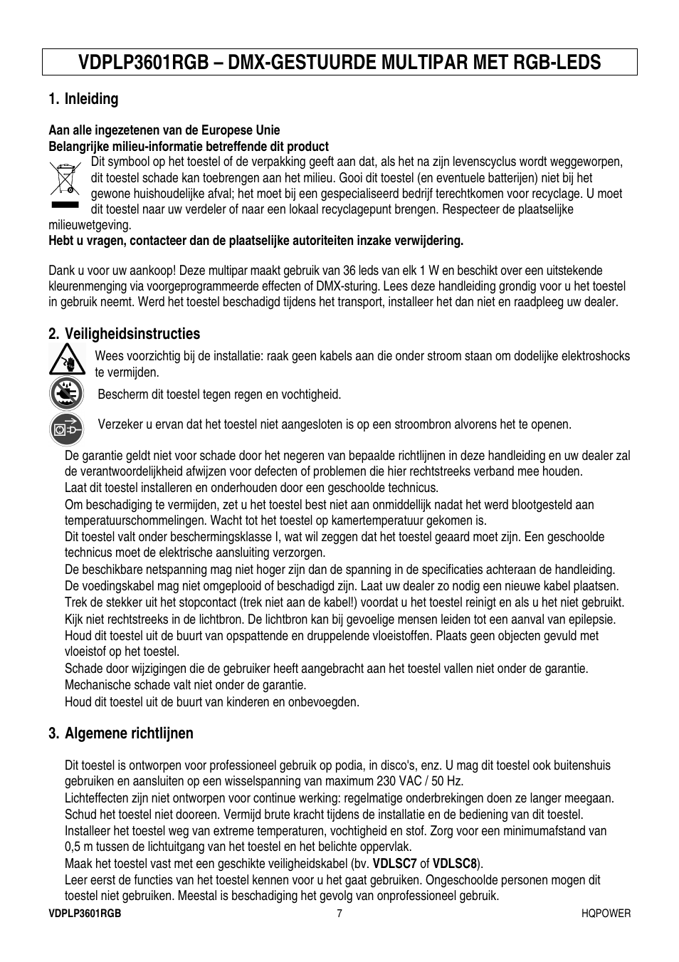 Vdplp3601rgb – dmx-gestuurde multipar met rgb-leds | Velleman VDPLP3601RGB User Manual | Page 7 / 23