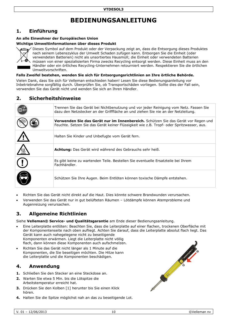 Bedienungsanleitung, Einführung, Sicherheitshinweise | Allgemeine richtlinien, Anwendung | Velleman VTDESOL3 User Manual | Page 10 / 17