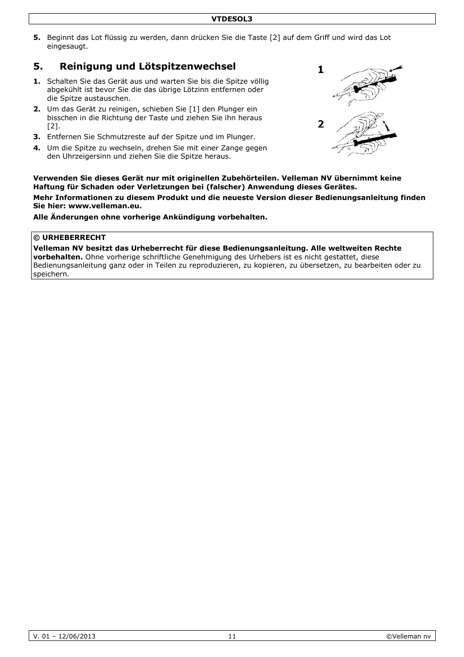 Reinigung und lötspitzenwechsel | Velleman VTDESOL3 User Manual | Page 11 / 17