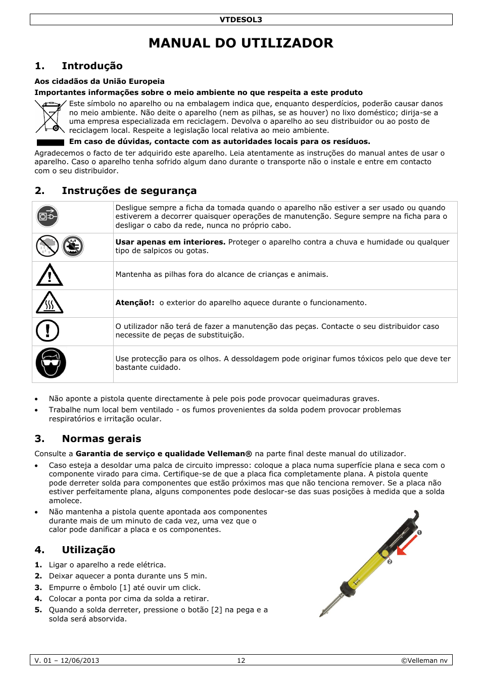 Manual do utilizador, Introdução, Instruções de segurança | Normas gerais, Utilização | Velleman VTDESOL3 User Manual | Page 12 / 17