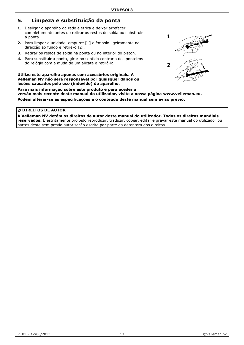 Limpeza e substituição da ponta | Velleman VTDESOL3 User Manual | Page 13 / 17