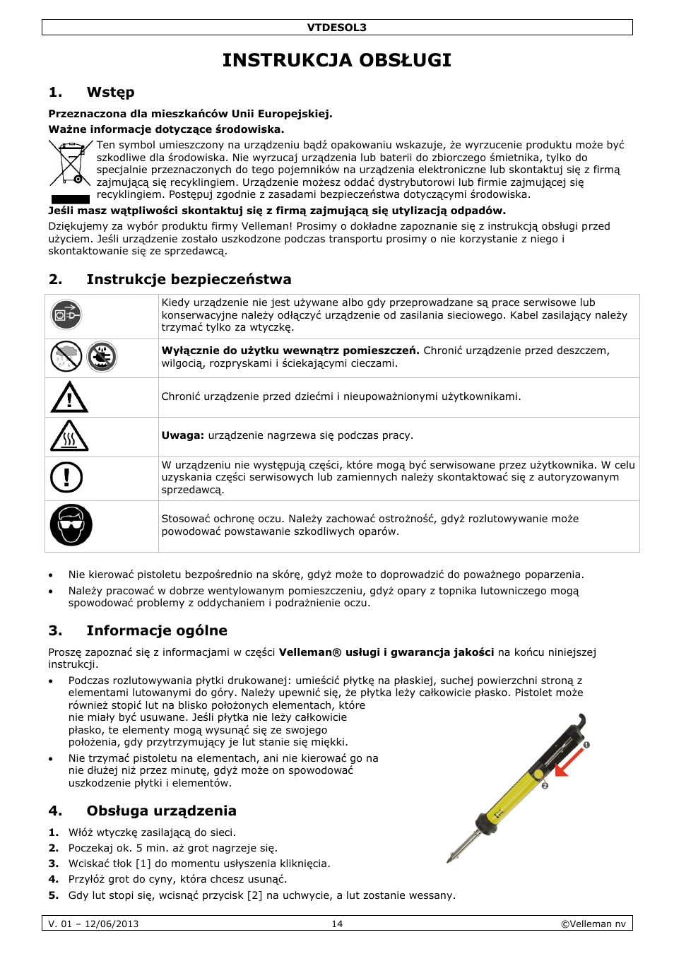 Instrukcja obsługi, Wstęp, Instrukcje bezpieczeństwa | Informacje ogólne, Obsługa urządzenia | Velleman VTDESOL3 User Manual | Page 14 / 17