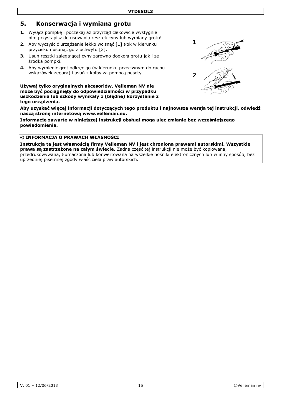 Konserwacja i wymiana grotu | Velleman VTDESOL3 User Manual | Page 15 / 17