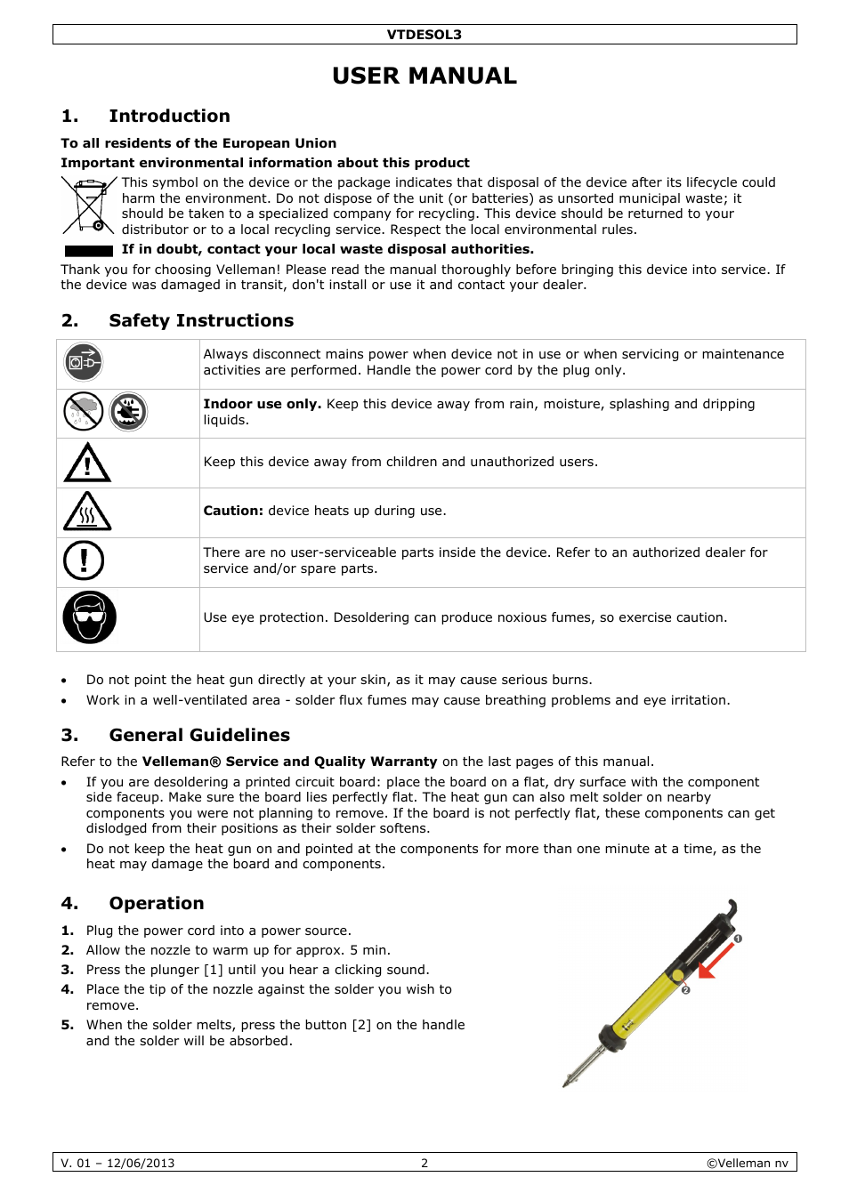 User manual, Introduction, Safety instructions | General guidelines, Operation | Velleman VTDESOL3 User Manual | Page 2 / 17