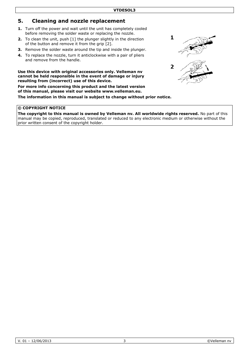 Cleaning and nozzle replacement | Velleman VTDESOL3 User Manual | Page 3 / 17