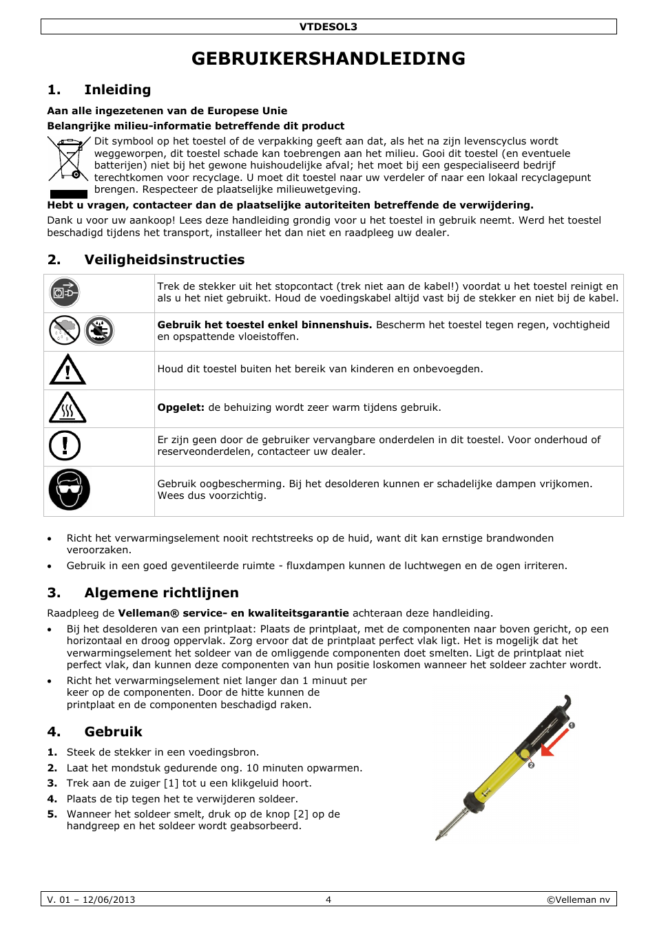 Gebruikershandleiding, Inleiding, Veiligheidsinstructies | Algemene richtlijnen, Gebruik | Velleman VTDESOL3 User Manual | Page 4 / 17