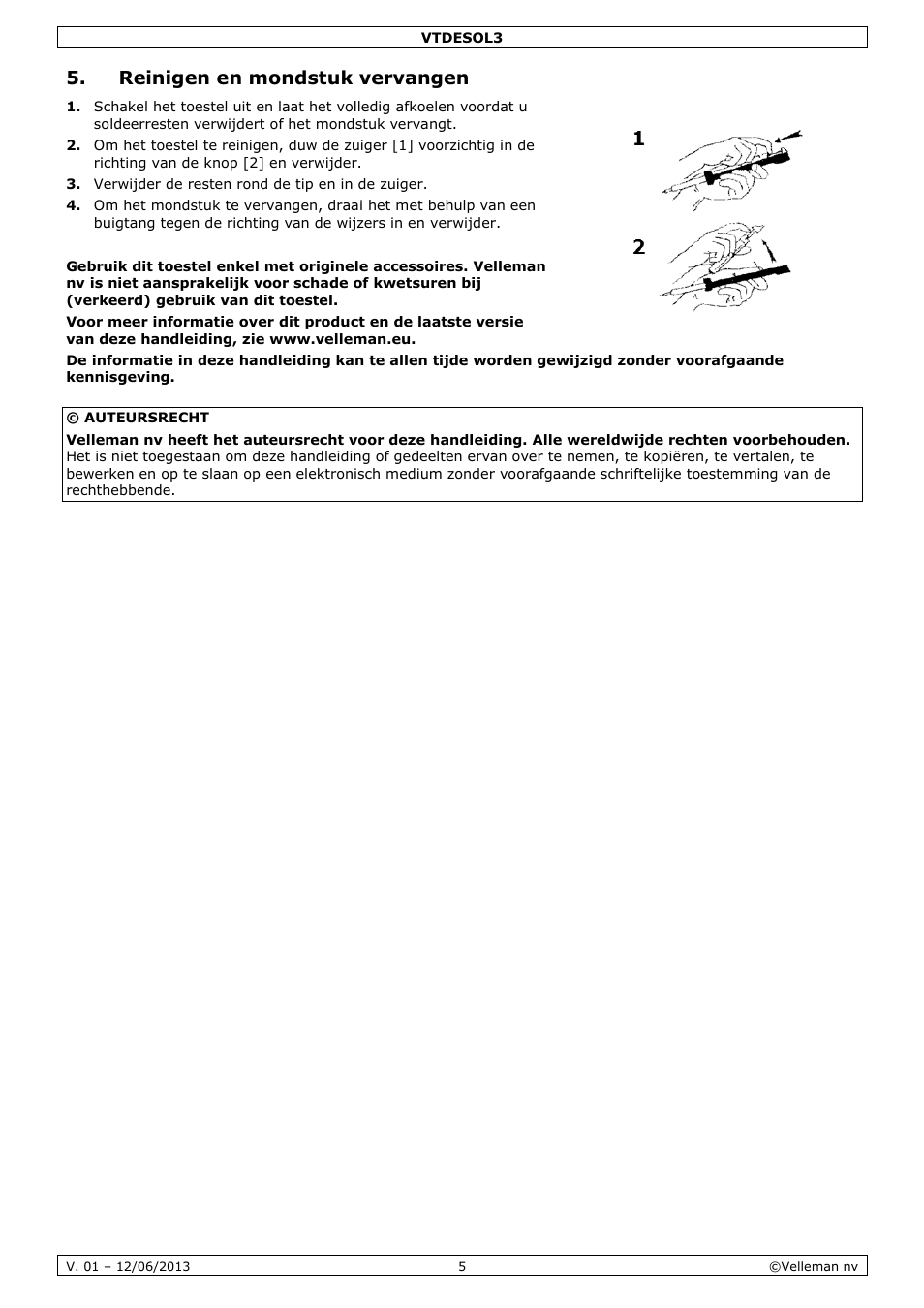 Reinigen en mondstuk vervangen | Velleman VTDESOL3 User Manual | Page 5 / 17