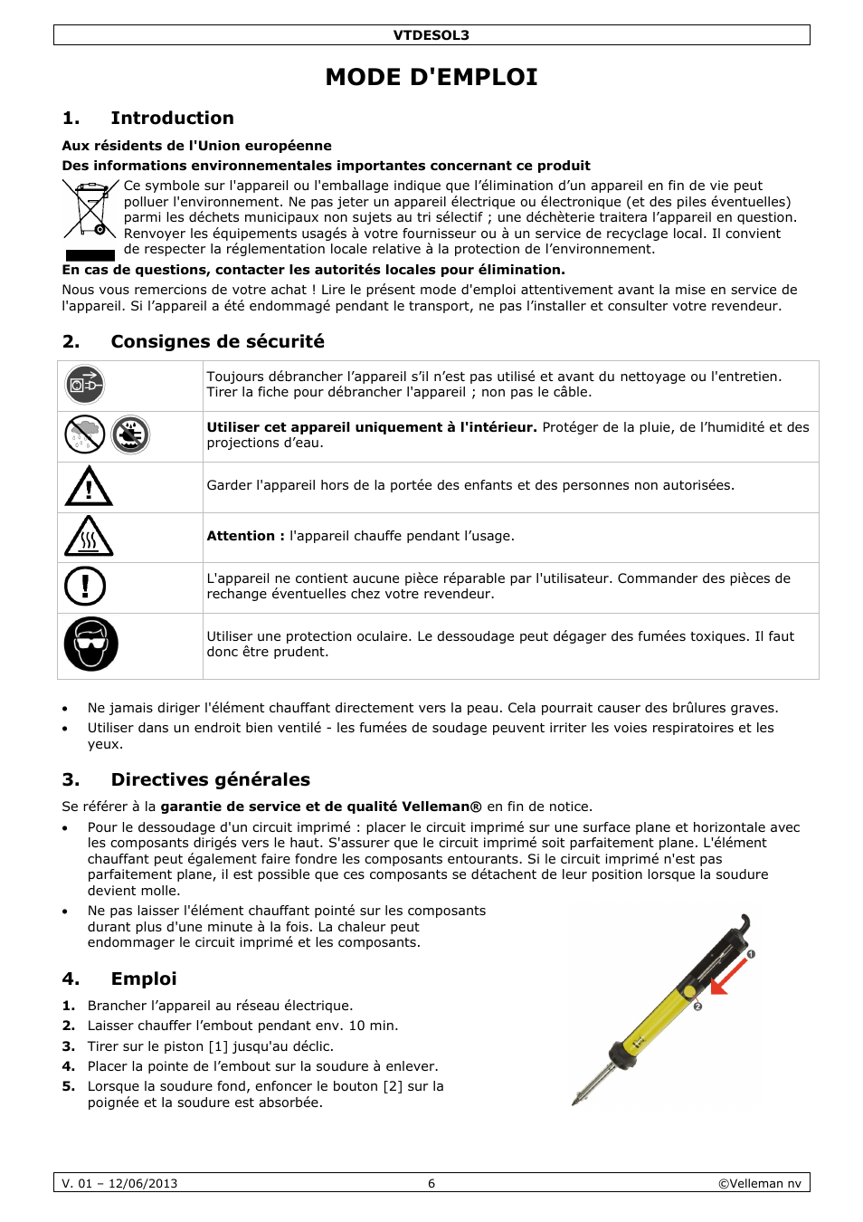 Mode d'emploi, Introduction, Consignes de sécurité | Directives générales, Emploi | Velleman VTDESOL3 User Manual | Page 6 / 17