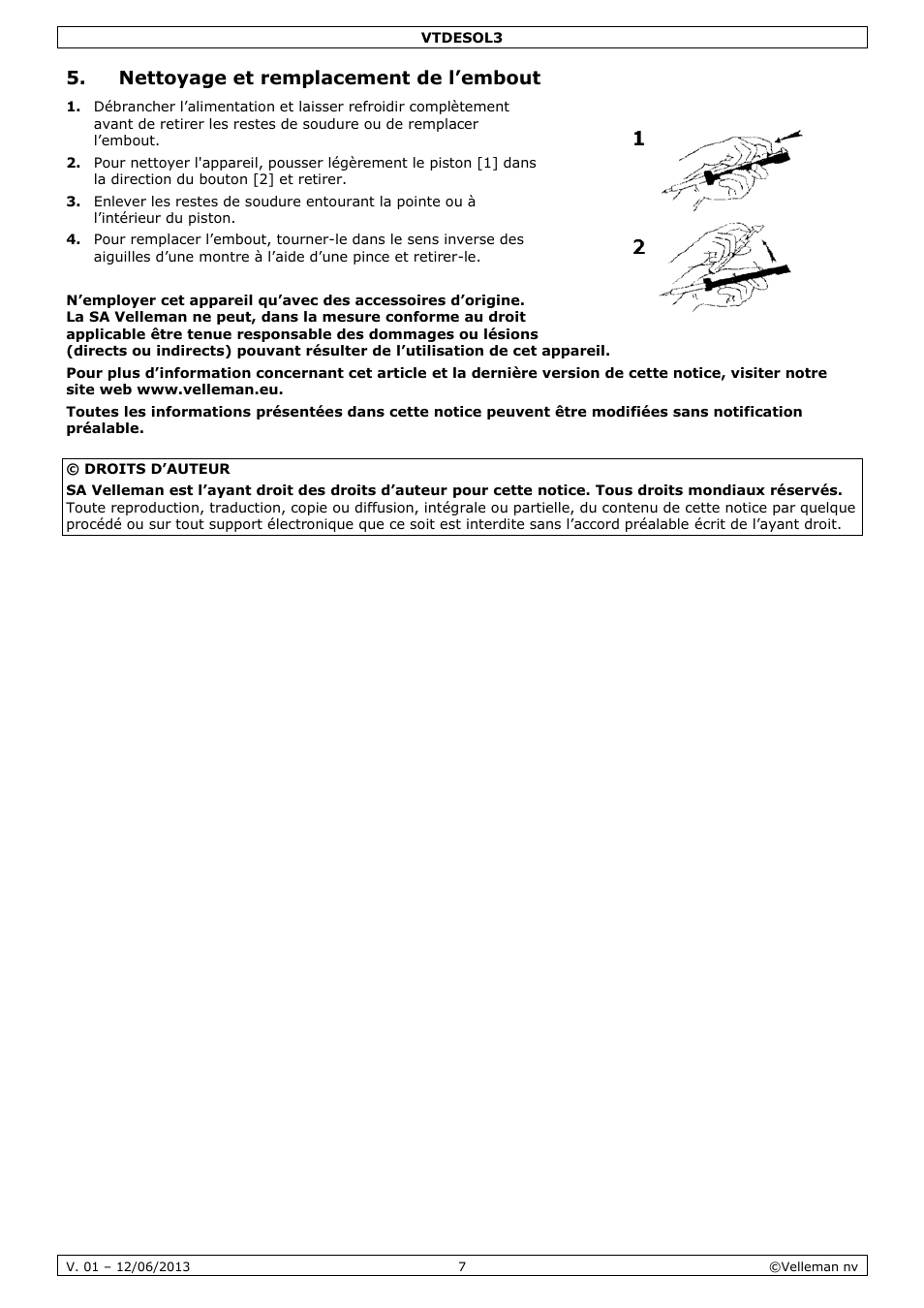 Nettoyage et remplacement de l’embout | Velleman VTDESOL3 User Manual | Page 7 / 17