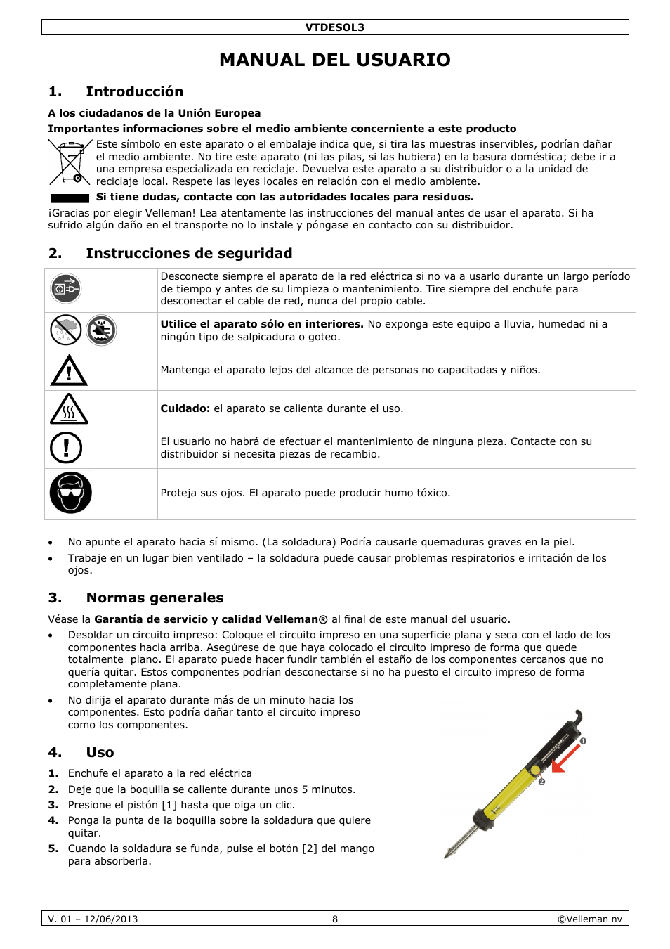 Manual del usuario, Introducción, Instrucciones de seguridad | Normas generales | Velleman VTDESOL3 User Manual | Page 8 / 17