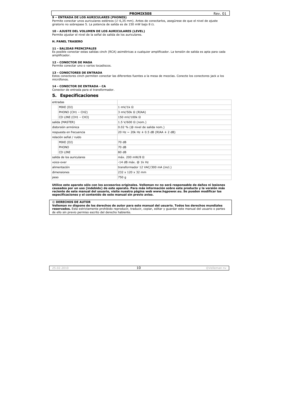 Especificaciones | Velleman PROMIX50S User Manual | Page 10 / 14