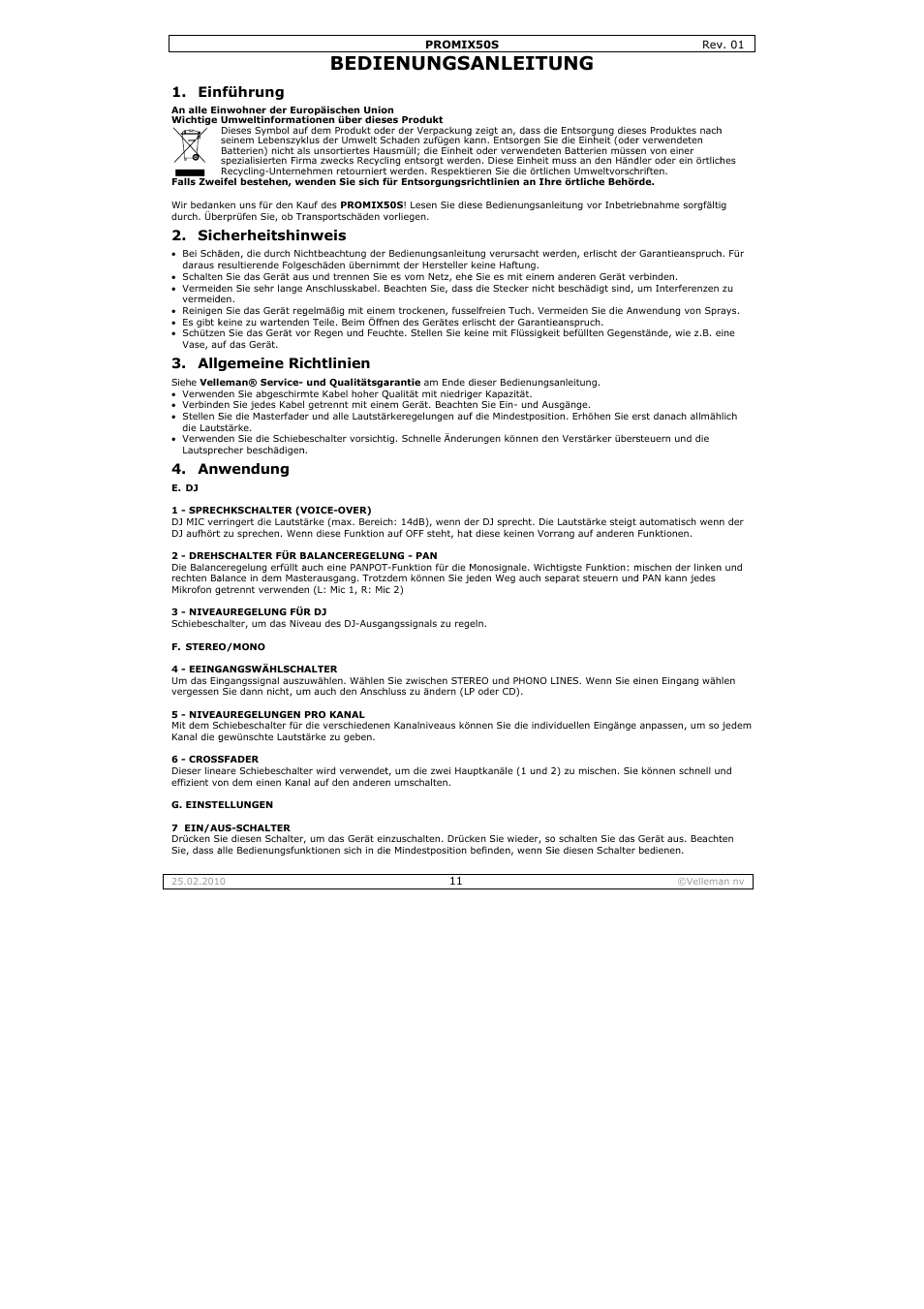 Bedie, Enungs, Anleitu | Allg, Nführung, Cherheitshin, Gemeine ri, Wendung, Nweis, Chtlinien | Velleman PROMIX50S User Manual | Page 11 / 14