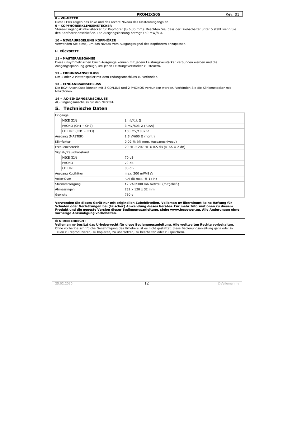 Technische daten | Velleman PROMIX50S User Manual | Page 12 / 14