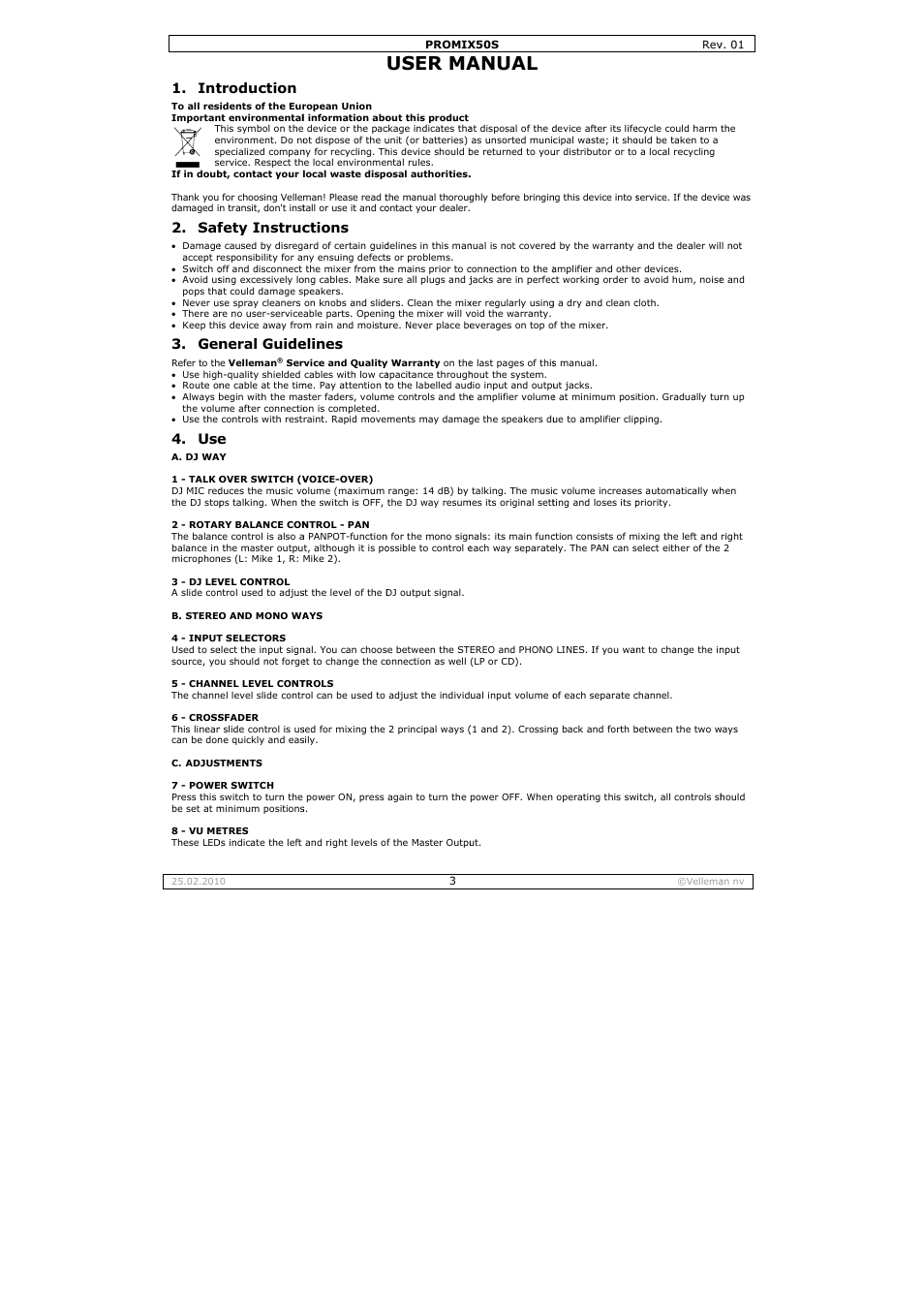 User ma, Anual, Troduction | Fety instruc, Neral guide, Ctions, Elines | Velleman PROMIX50S User Manual | Page 3 / 14