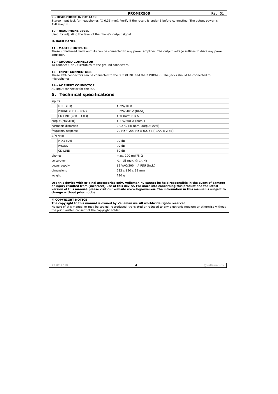 Technical specifications | Velleman PROMIX50S User Manual | Page 4 / 14