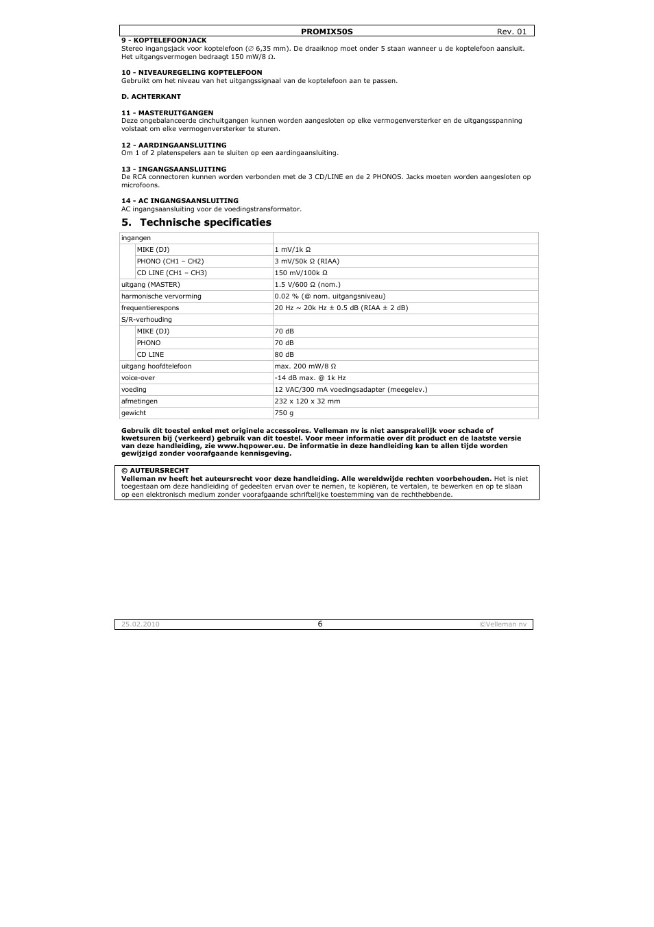 Technische specificaties | Velleman PROMIX50S User Manual | Page 6 / 14