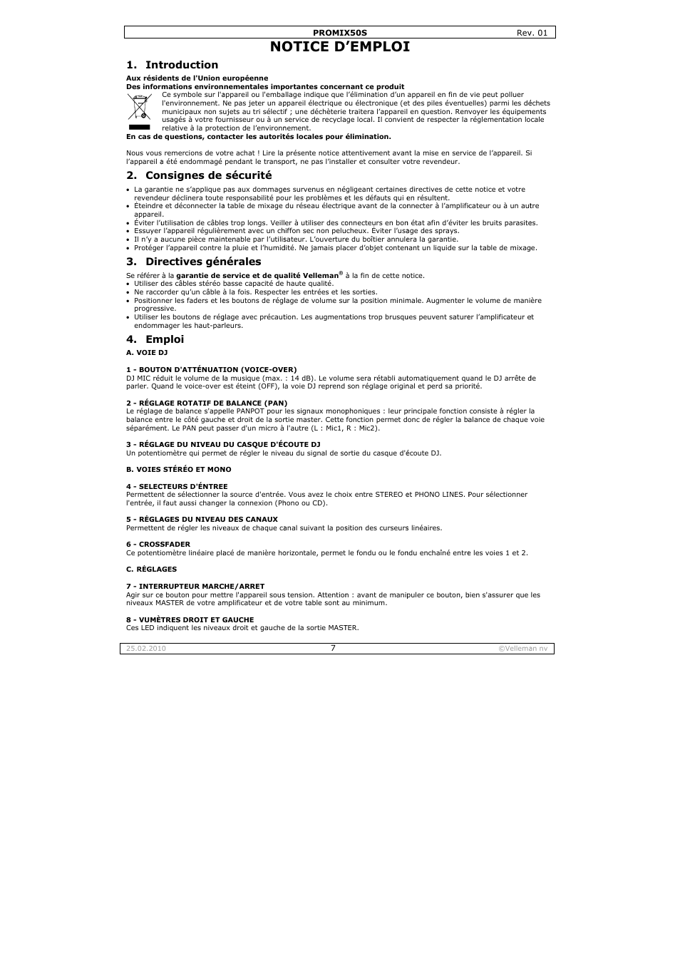 Otice d, Emploi, Troduction | Nsignes de, Rectives gйn, Mploi, Sécurité, Nérales | Velleman PROMIX50S User Manual | Page 7 / 14