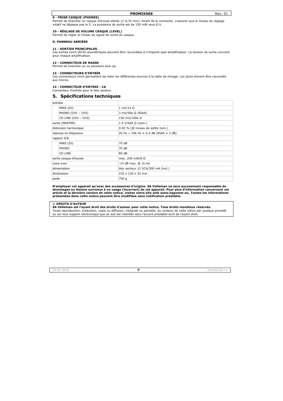 Spécifications techniques | Velleman PROMIX50S User Manual | Page 8 / 14