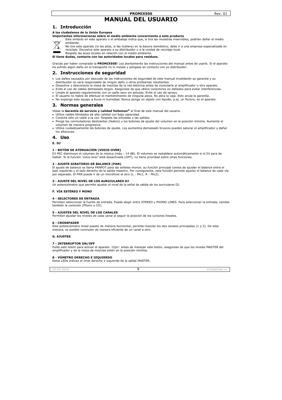 Nual del, L usuar, Troducción | Strucciones, Rmas gener, S de segurid, Rales | Velleman PROMIX50S User Manual | Page 9 / 14