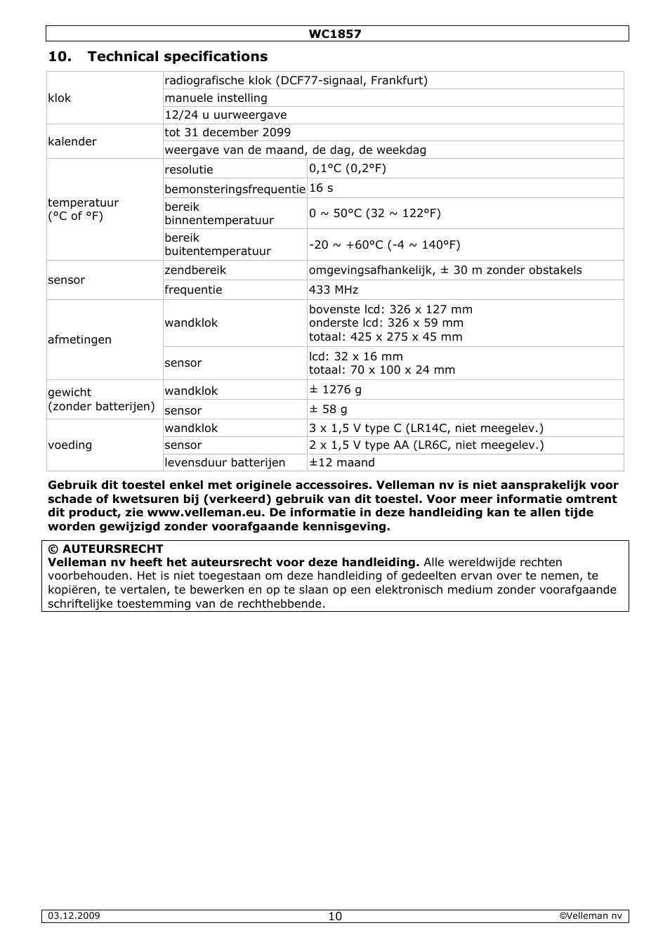 Technical specifications | Velleman WC1857 User Manual | Page 10 / 26