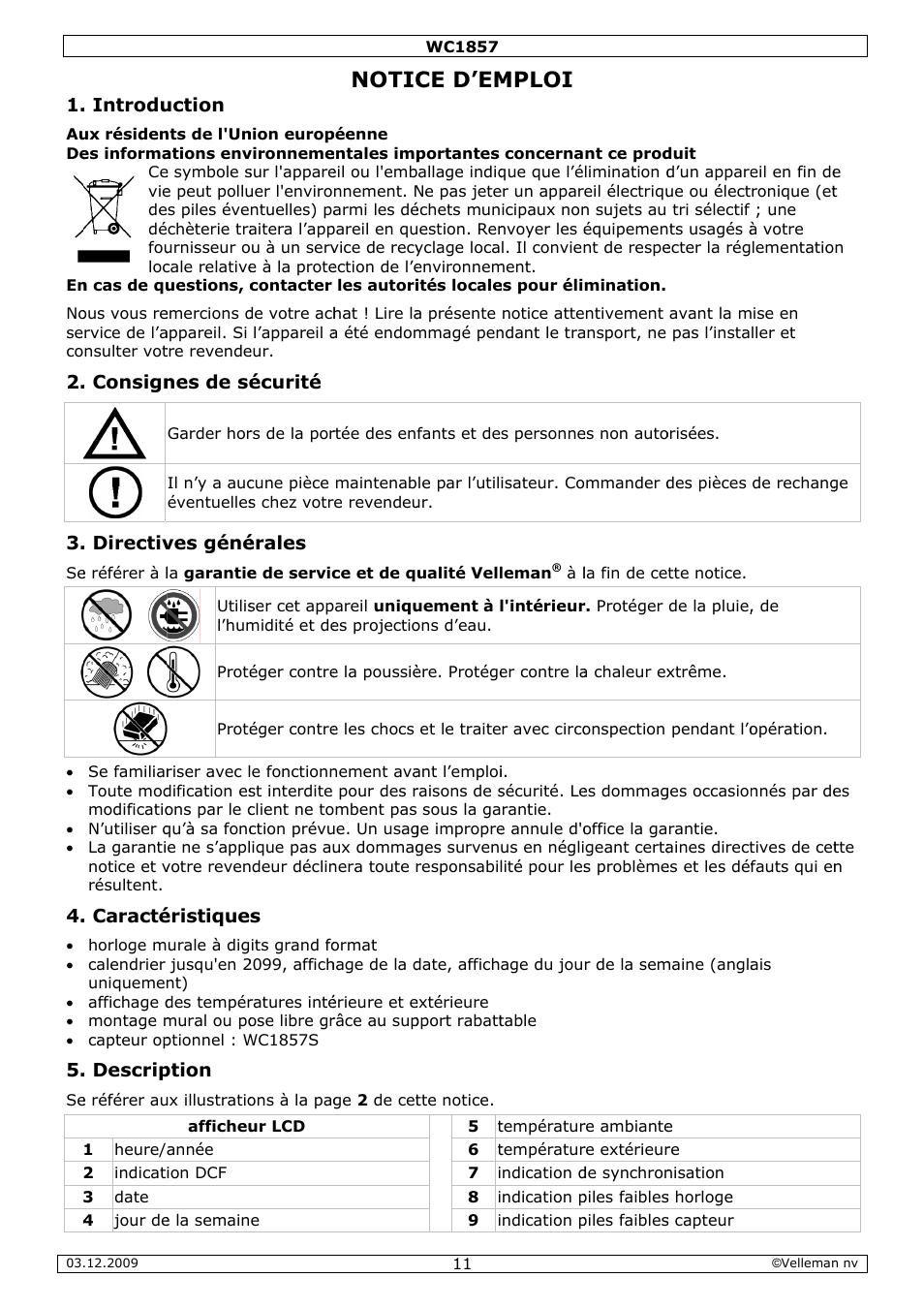 Notic, Ce d’em, Mploi | Velleman WC1857 User Manual | Page 11 / 26