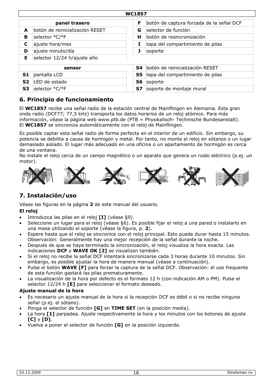 Principio de funcionamiento, Instalación/uso | Velleman WC1857 User Manual | Page 16 / 26
