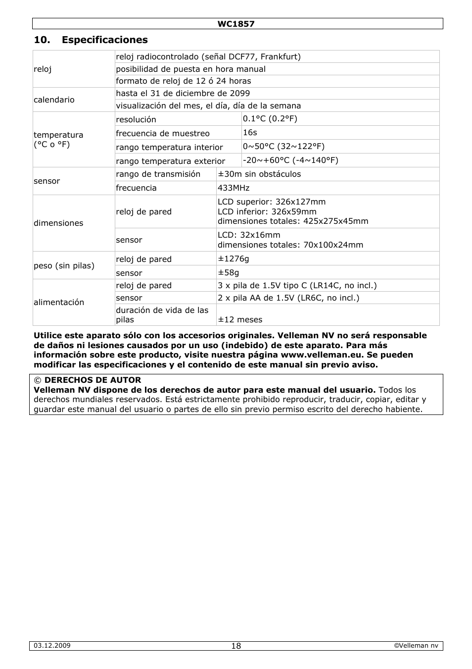 Especificaciones | Velleman WC1857 User Manual | Page 18 / 26