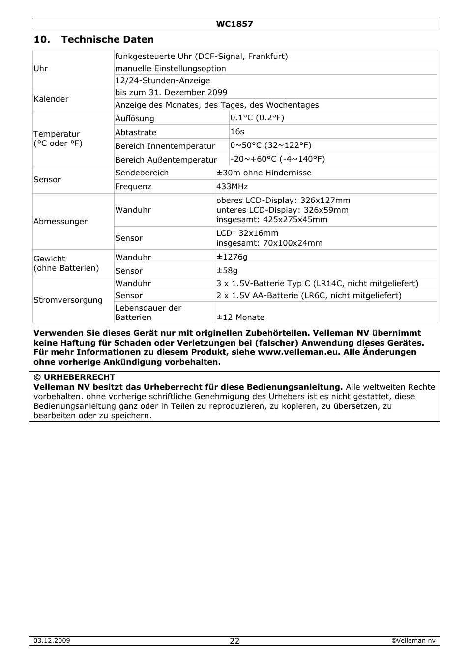 Technische daten | Velleman WC1857 User Manual | Page 22 / 26