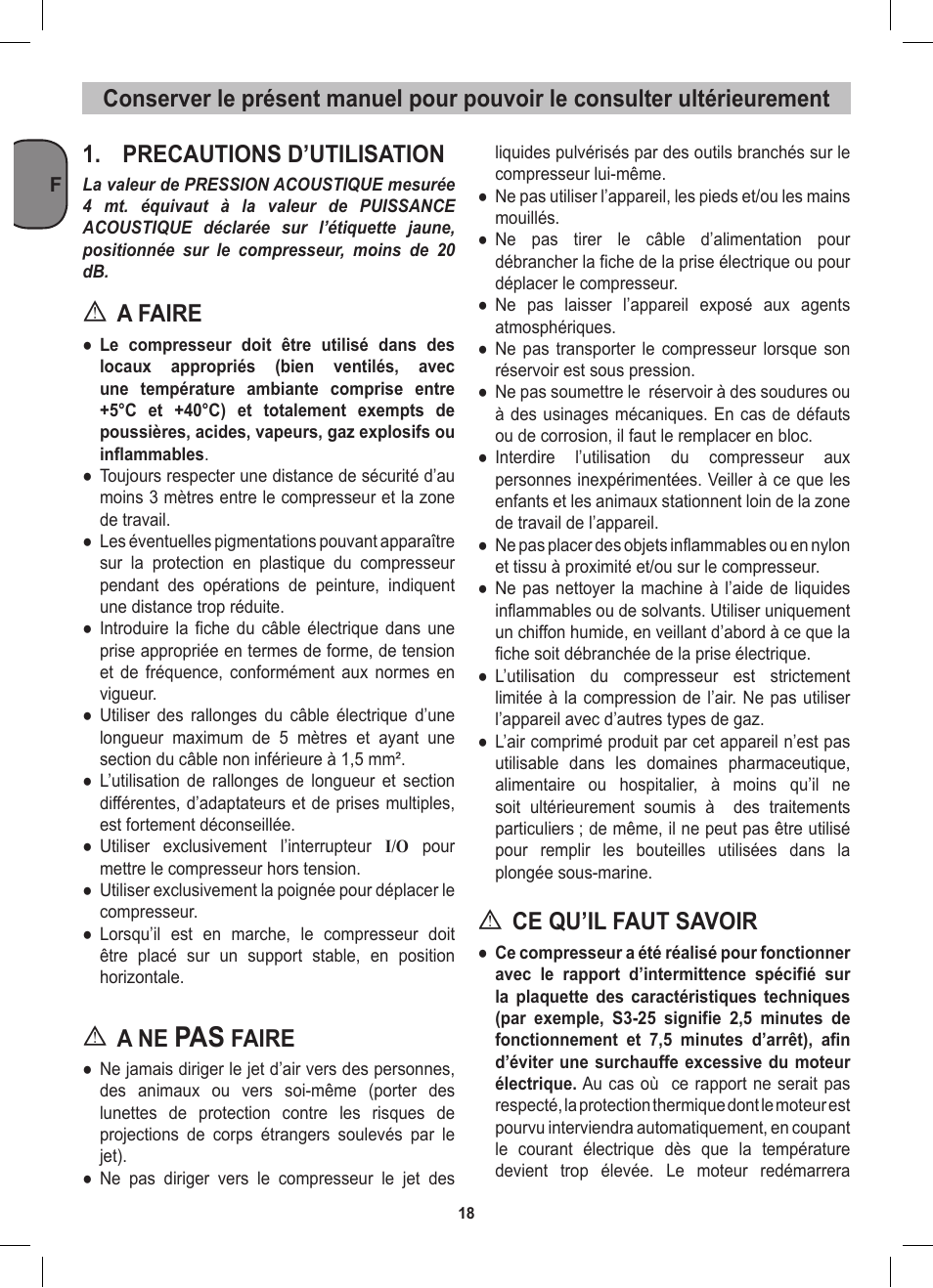 Precautions d’utilisation, A faire, A ne | Faire, Ce qu’il faut savoir | Stanley D 200/8/6 User Manual | Page 18 / 80